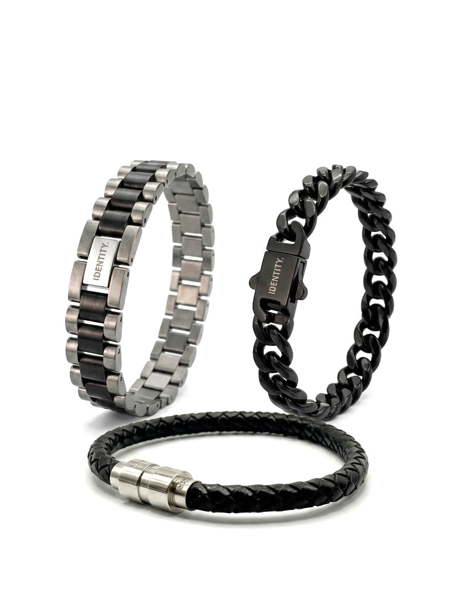 Everyday Stack: two-tone, black link and braided leather bracelets together