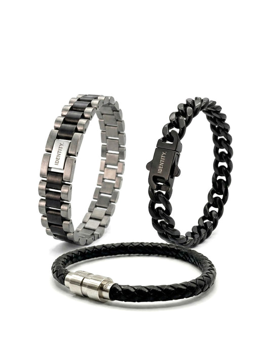 Everyday Stack: two-tone, black link and braided leather bracelets together