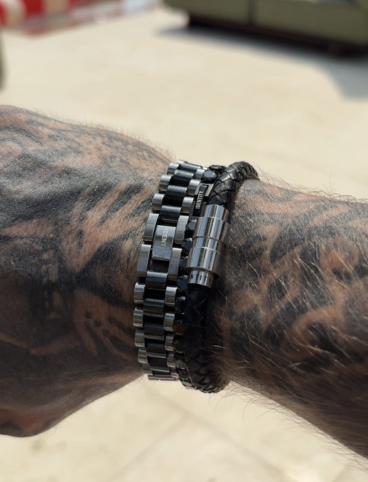 Executive and Ethos bracelets worn stacked on the wrist