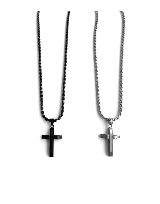 Apex cross necklaces in silver-tone and black, side by side